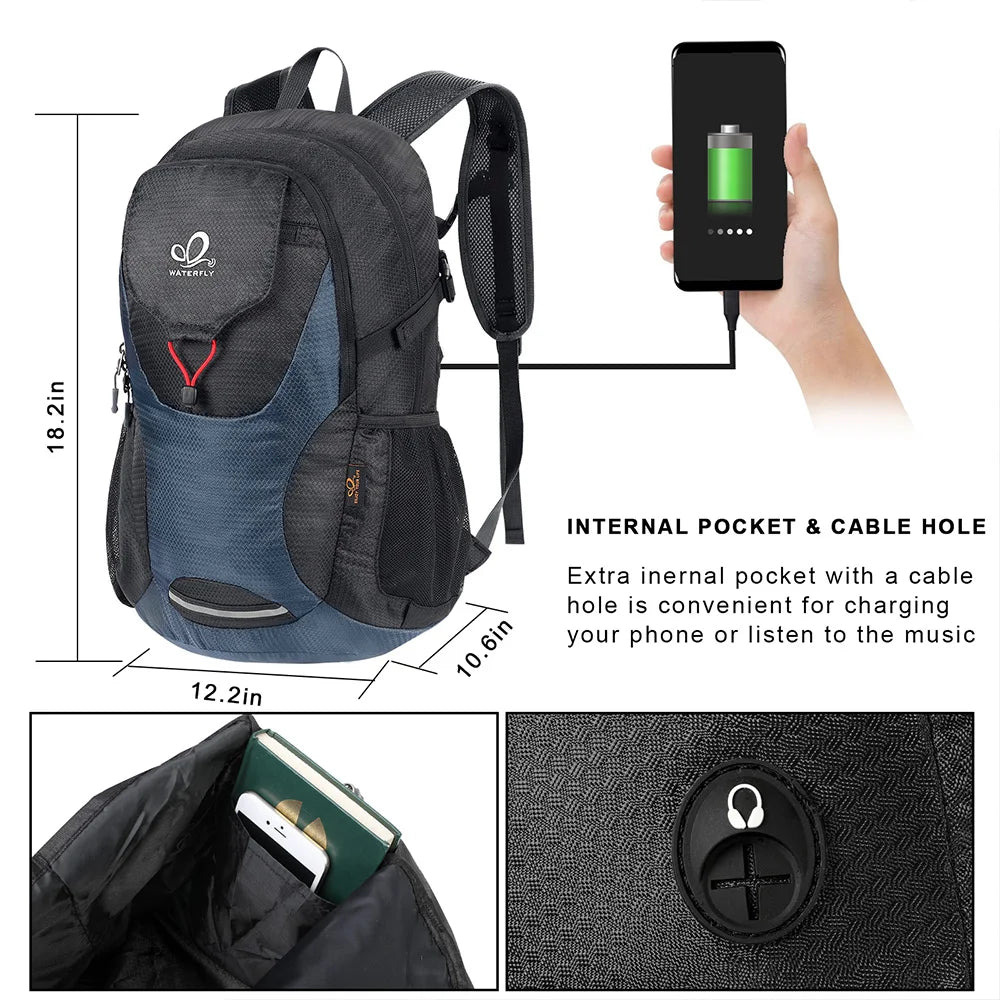 WATERFLY Lightweight Packable Hiking Backpack 30L Foldable Travel Daypack Laptop Bag Ultralight Camping Day Pack For Woman Man