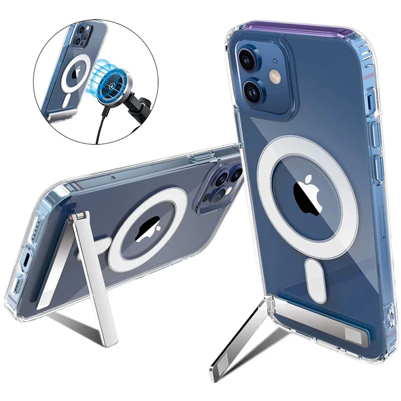 Clear Magnetic Phone Case with Kickstand for iPhone 17 Pro Max Air 16 15 14 Plus 13 12 11 Mini for Wireless Charging Back Cover