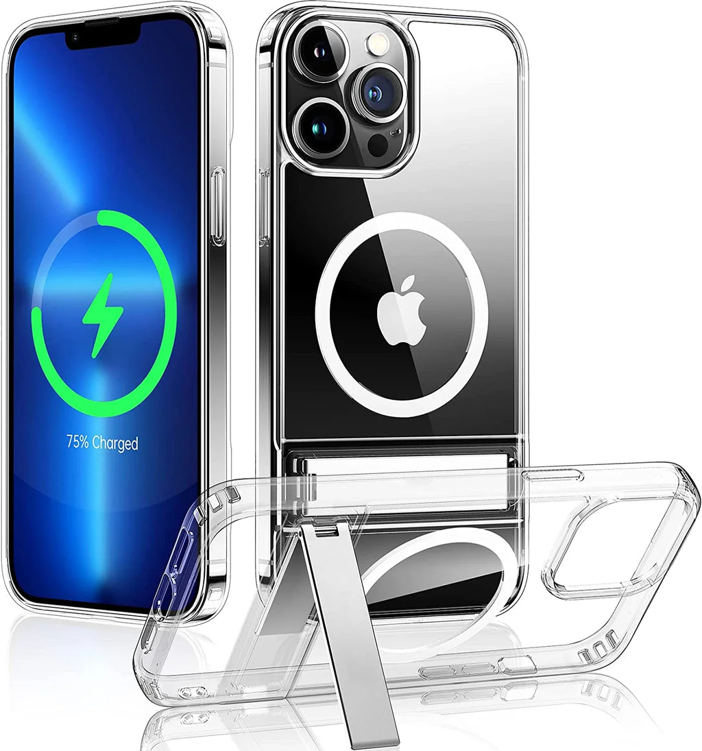 Clear Magnetic Phone Case with Kickstand for iPhone 17 Pro Max Air 16 15 14 Plus 13 12 11 Mini for Wireless Charging Back Cover