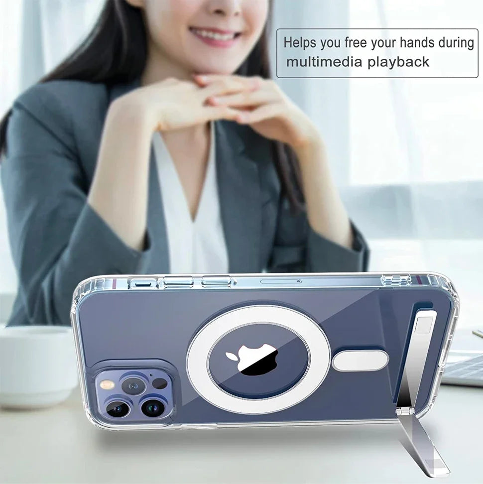 Clear Magnetic Phone Case with Kickstand for iPhone 17 Pro Max Air 16 15 14 Plus 13 12 11 Mini for Wireless Charging Back Cover